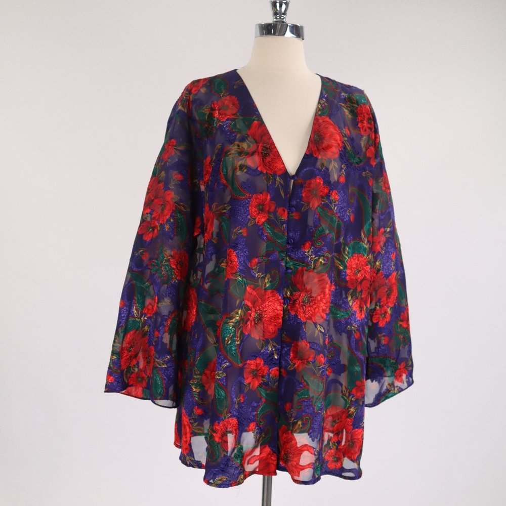 ❄️ Vtg Victoria's Secret Gold Label Floral Burned Velvet Blouse Shirt Nightgown